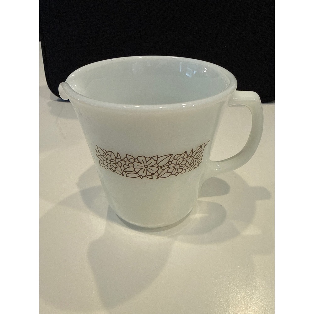Vintage Pyrex Woodland Collection Creamer White Milk Glass Brown Floral Pattern